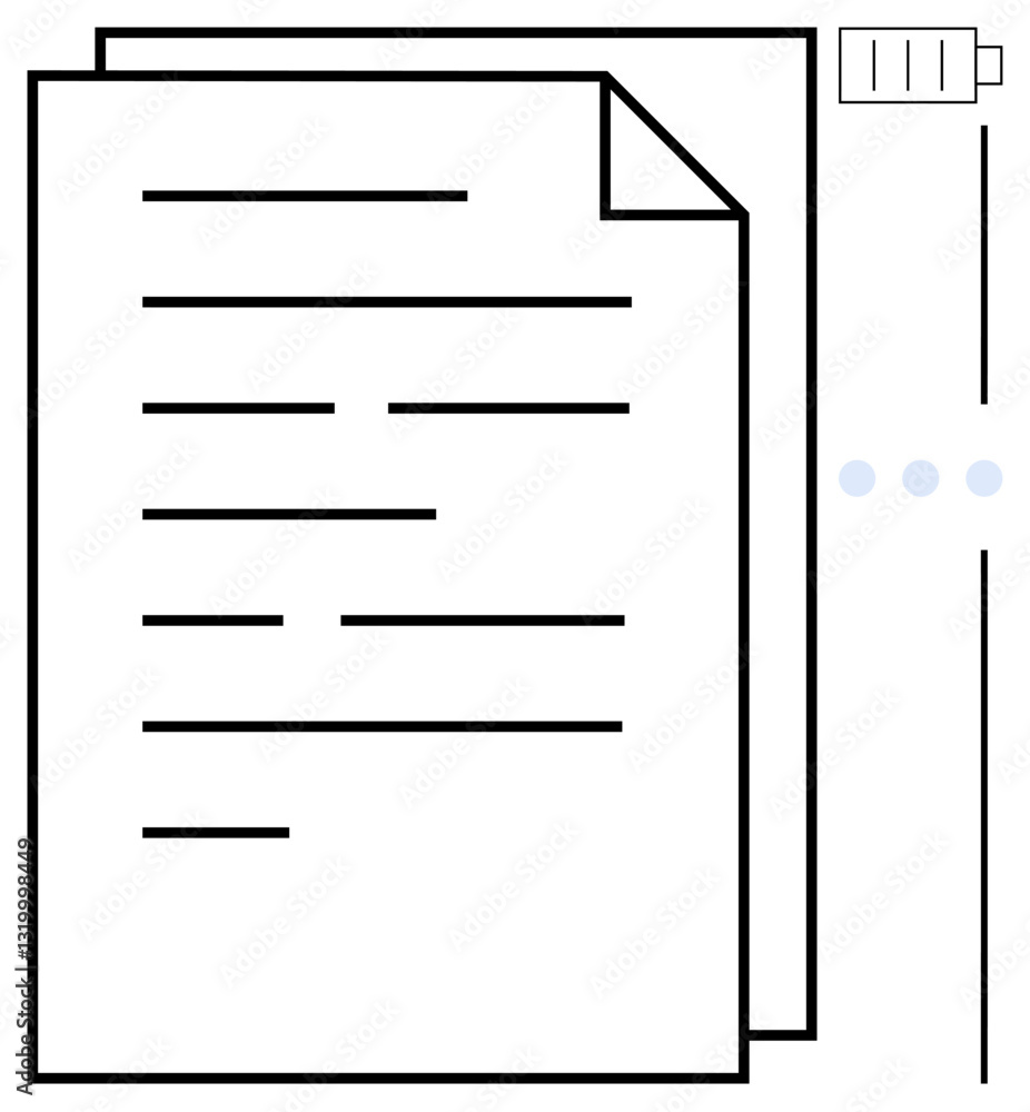 Paper documents alongside a vertical progress bar with battery indicator, symbolizing file management, data transfer, organization, communication. Ideal for office work, productivity, record Paper documents alongside a vertical progress bar with battery indicator, symbolizing file management, data transfer, organization, communication. Ideal for office work, productivity, record