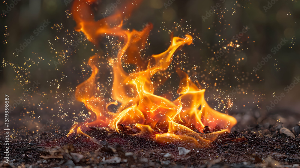 Vibrant Flames With Embers And Sparks Rising From Bonfire Burning Dry Leaves On Blurred Background Vibrant Flames With Embers And Sparks Rising From Bonfire Burning Dry Leaves On Blurred Background