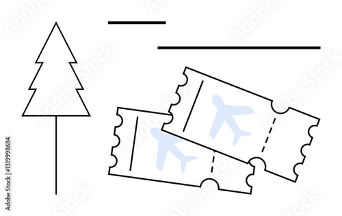 Two airplane tickets next to a simple pine tree outline, representing travel, adventure, and nature. Ideal for vacation, tourism, eco-travel, getaway planning, ticketing holiday and minimal flat