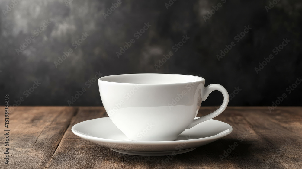 A coffee cup and saucer placed on a wooden table against a dark backdrop A coffee cup and saucer placed on a wooden table against a dark backdrop