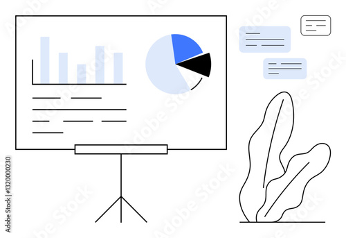 Bar chart and pie chart on a presentation board with abstract speech bubbles and a decorative plant. Ideal for data analysis, presentations, reporting, teamwork, organization, education, business