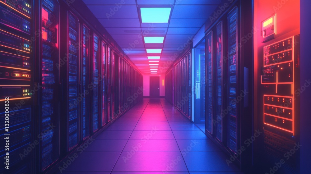 Fototapeta premium Neon Lit Server Room: A Futuristic Data Center Corridor