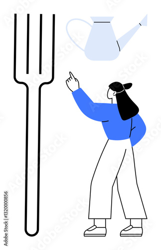 Woman gestures towards a watering can next to a giant fork, blending gardening and cooking themes. Ideal for growth, nourishment, sustainability, creativity, culinary, gardening lifestyle. Flat