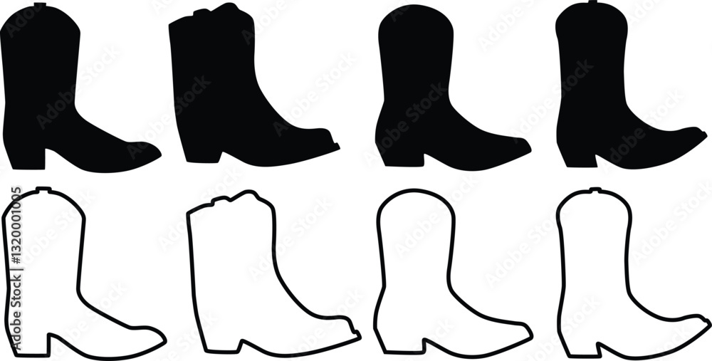 Cowboy Boot Silhouette Flat And Outline Icon Design Cowboy Boot Silhouette Flat And Outline Icon Design