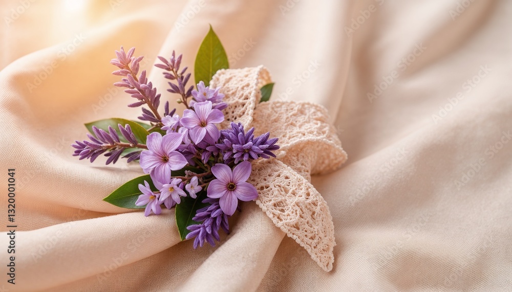 elegant lavender boutonniere with lace ribbon on soft fabric, delicate floral accessory for prom night, wedding, or special formal celebration elegant lavender boutonniere with lace ribbon on soft fabric, delicate floral accessory for prom night, wedding, or special formal celebration
