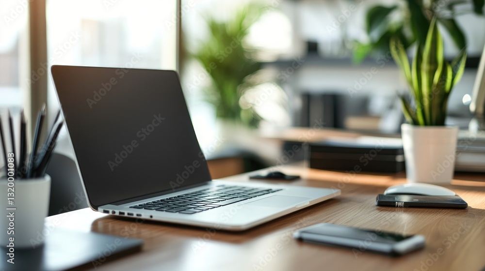 Modern Workspace, Laptop, Smartphone, and Plants on a Desk Modern Workspace, Laptop, Smartphone, and Plants on a Desk
