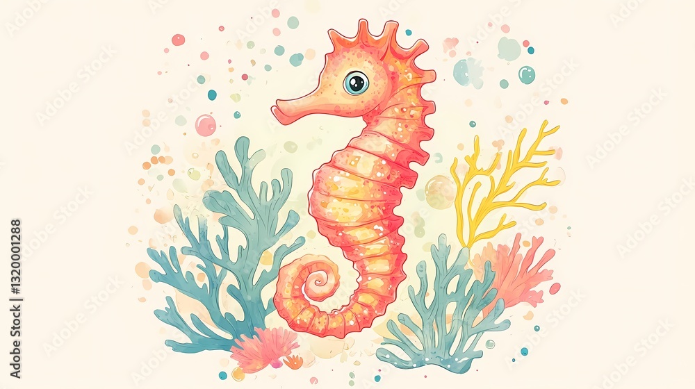 Obraz premium Cute cartoon seahorse surrounded by coral on a light background