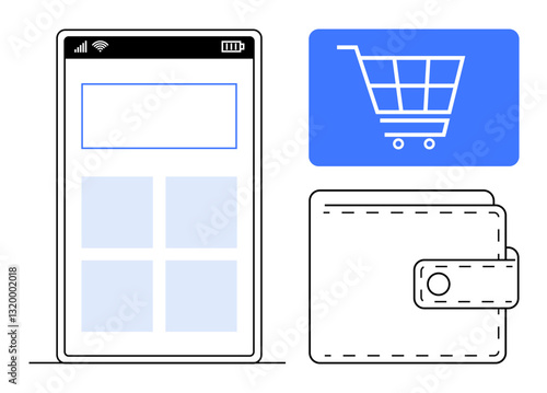 Smartphone UI layout next to a blue shopping cart icon and a stitched wallet illustration. Ideal for e-commerce, online shopping, payment systems, digital wallets, mobile apps, financial services