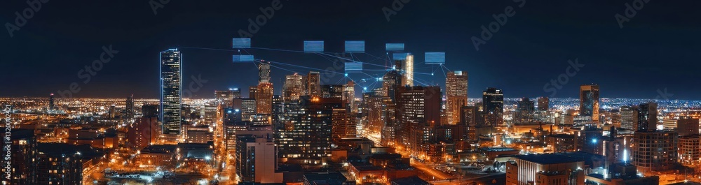 Night cityscape with digital network connections. Night cityscape with digital network connections.