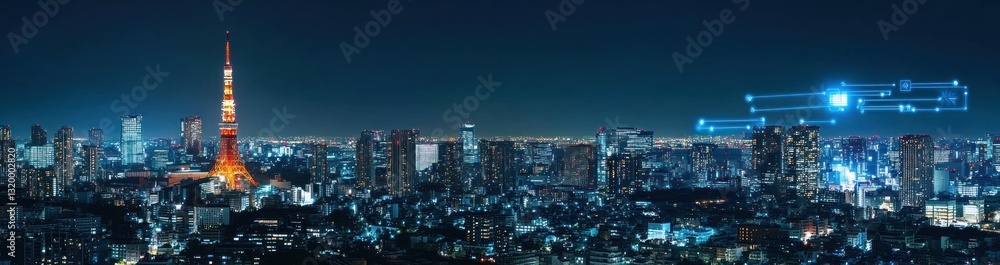 Night cityscape with tower and digital network. Night cityscape with tower and digital network.
