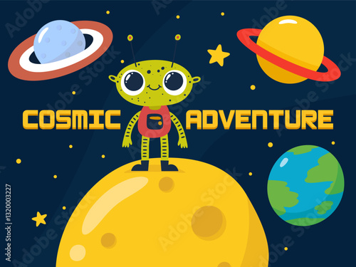 Cute Alien on a Cosmic Adventure. A fun and playful space illustration.