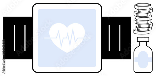 Smartwatch with heart rate monitor, stack of coins, and medicine bottle symbolizing health, wearable tech, fitness, healthcare costs, medical innovation, preventive care, flat simple metaphor