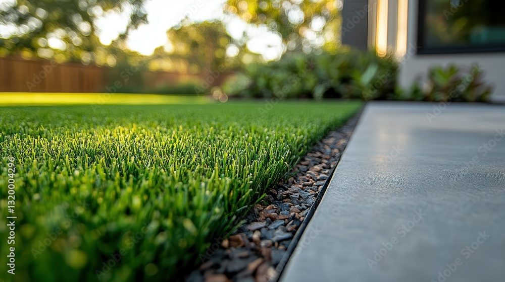 Fototapeta premium A close up of a freshly edged lawn next to a concrete walkway, showing clean and precise edges that highlight professional lawn maintenance.