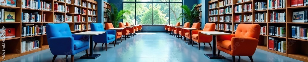 Modern library workspace; blue & orange chairs, bookshelves, room, interior design Modern library workspace; blue & orange chairs, bookshelves, room, interior design