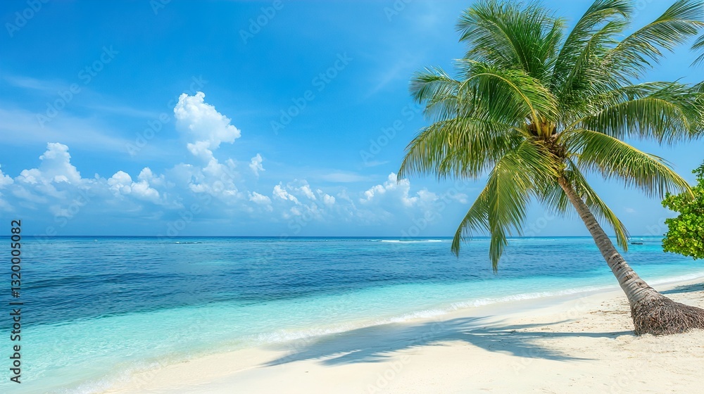 Tropical Beach Paradise: Palm Tree, Ocean, and Blue Sky Tropical Beach Paradise: Palm Tree, Ocean, and Blue Sky