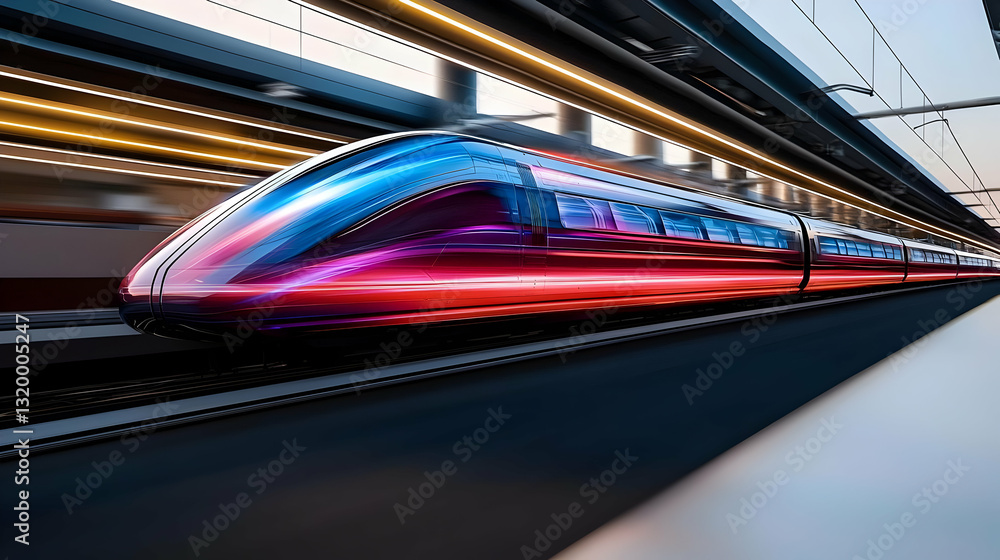 A Vibrant Red And Purple High Speed Train Arriving At A Modern Platform With Blurred Motion In City A Vibrant Red And Purple High Speed Train Arriving At A Modern Platform With Blurred Motion In City