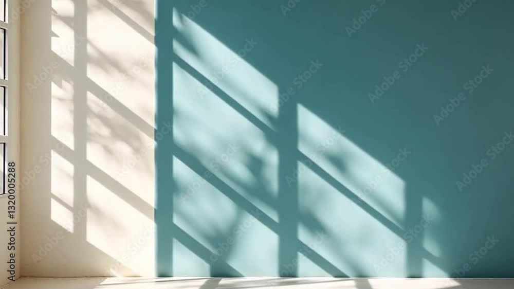 Sunlight casts shadows on light blue wall by window. Possible use Interior design inspiration Sunlight casts shadows on light blue wall by window. Possible use Interior design inspiration