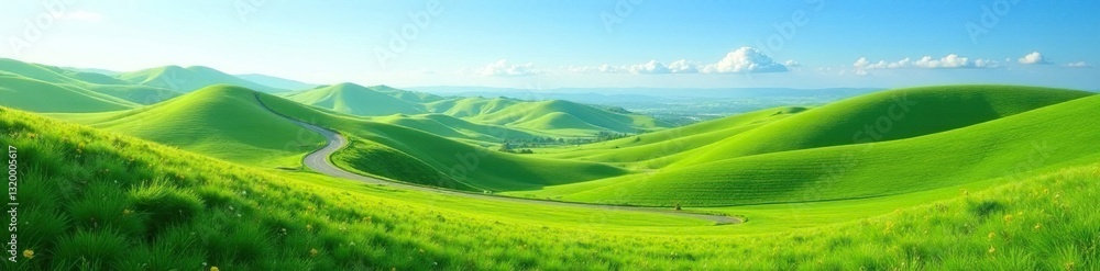 Fototapeta premium Rolling green hills, winding country road, clear blue sky , serene, idyllic, asphalt