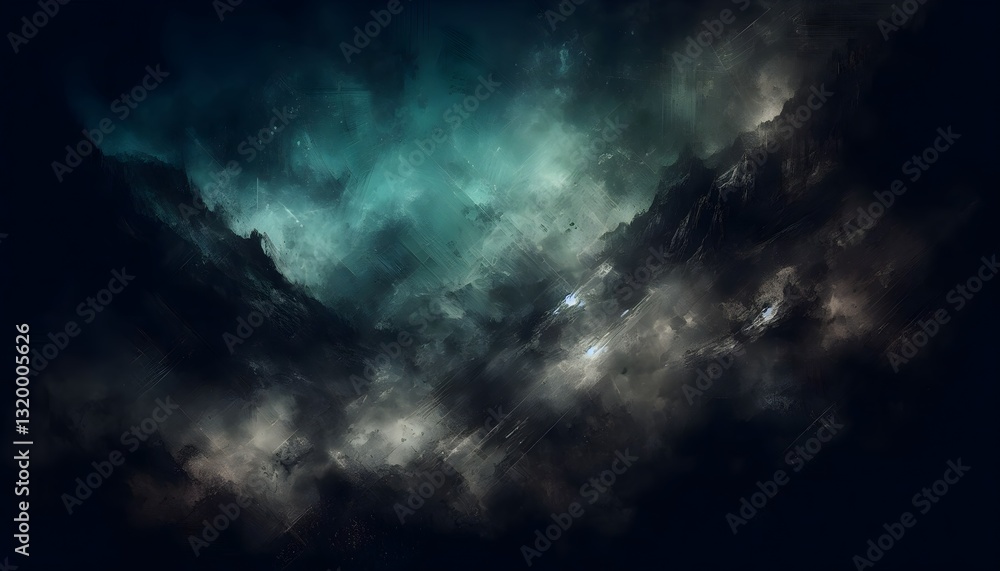 Obraz premium Moody grunge background with deep black-green-blue tones and soft reflections.