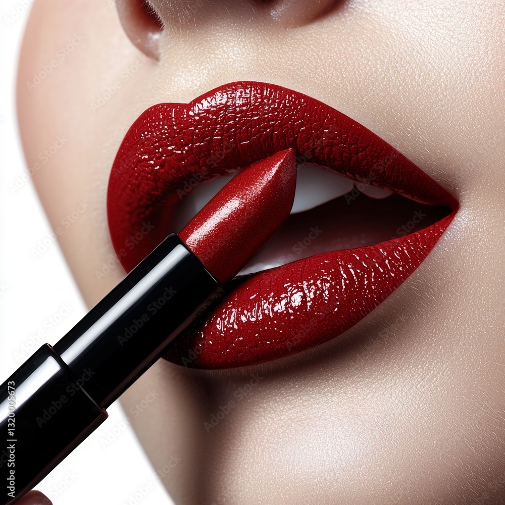 Obraz premium Close-up of Beautiful Red Lips with Lipstick and Glossy Finish