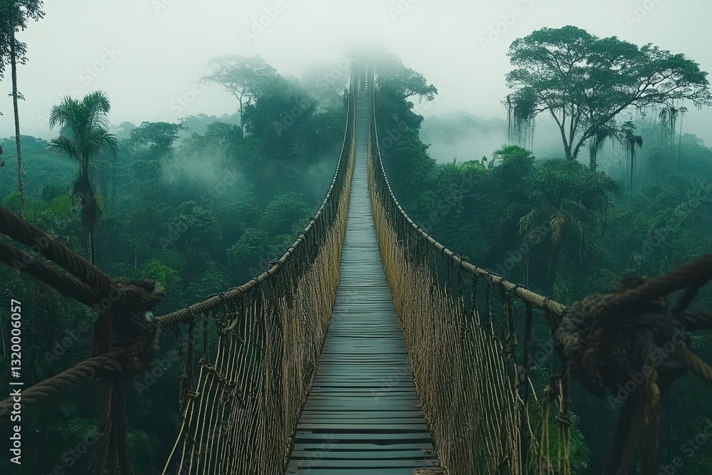 Fototapeta premium Misty Suspension Bridge Over Lush Green Jungle Landscape
