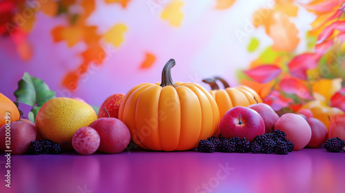 Colorful Autumn Harvest Display of Pumpkins and Fresh Fruits