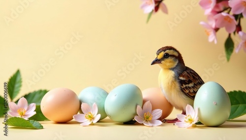 Pastel quail eggs, spring blossoms, & greenery on beige background , holiday, flowers, photography