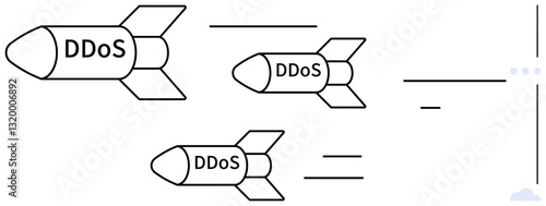 Missiles labeled DDoS symbolize distributed denial-of-service attacks aimed at cloud technology. Ideal for cybersecurity, internet threats, network protection, online safety, IT training, risk