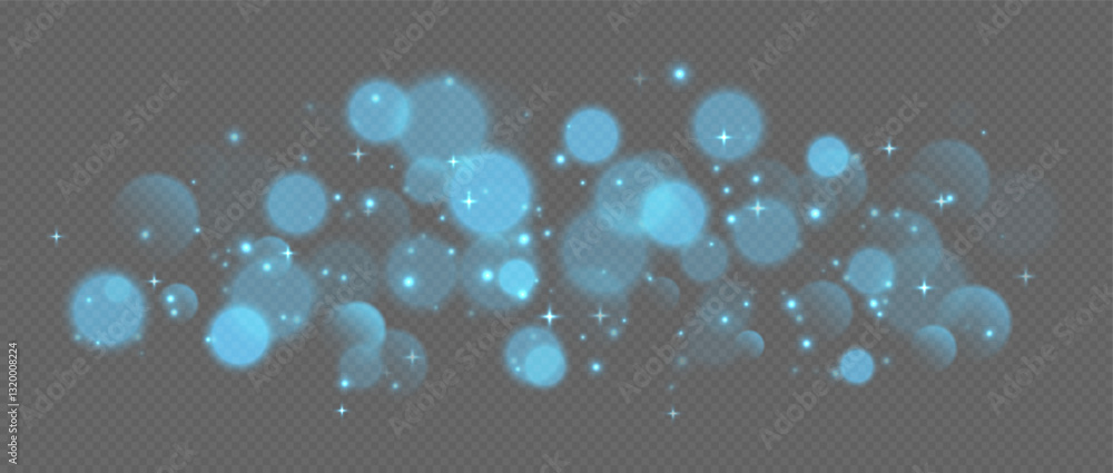 Blue bokeh with stars and sparkles, shiny overlay decoration isolated on grey background. Vector illustration.