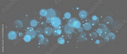 Blue bokeh with stars and sparkles, shiny overlay decoration isolated on grey background. Vector illustration.