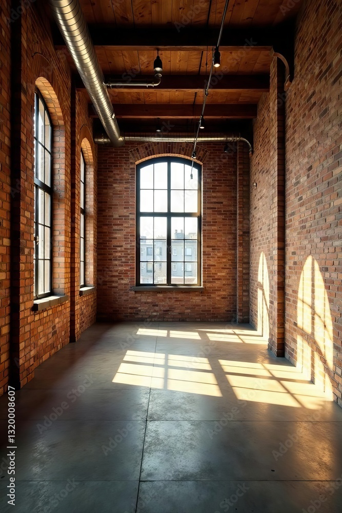Sunlit empty loft, exposed brick walls, high ceilings, large window, structure Sunlit empty loft, exposed brick walls, high ceilings, large window, structure