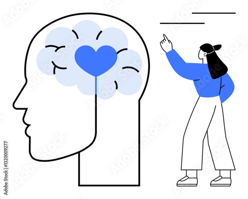 Human brain with a heart inside highlights emotional intelligence. Person actively gesturing suggests communication, creativity, decision-making. Ideal for self-growth, psychology, mental health