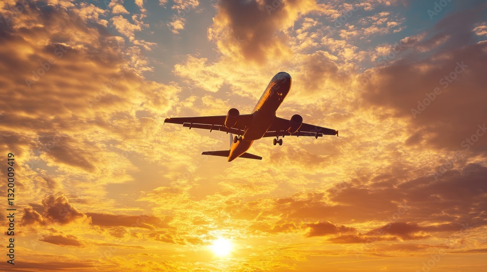 Fototapeta premium Majestic Sunset Flight: Airplane Silhouette Against a Vibrant Golden Sky