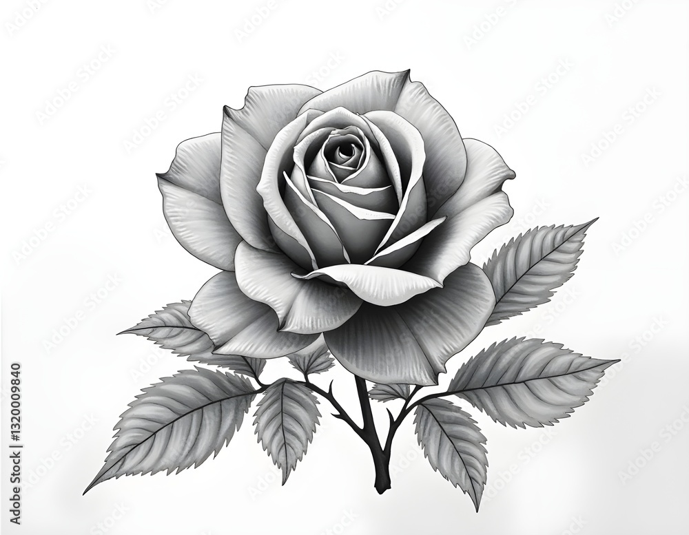 Black and white rose painting with fine lines, featuring elegant petal detail and soft leaf texture, creating a classic and dramatic effect Black and white rose painting with fine lines, featuring elegant petal detail and soft leaf texture, creating a classic and dramatic effect