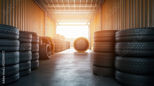 Wallpaper Mural Tire Storage Space with Sunlight Streaming Through Open Doors in an Industrial Setting Torontodigital.ca
