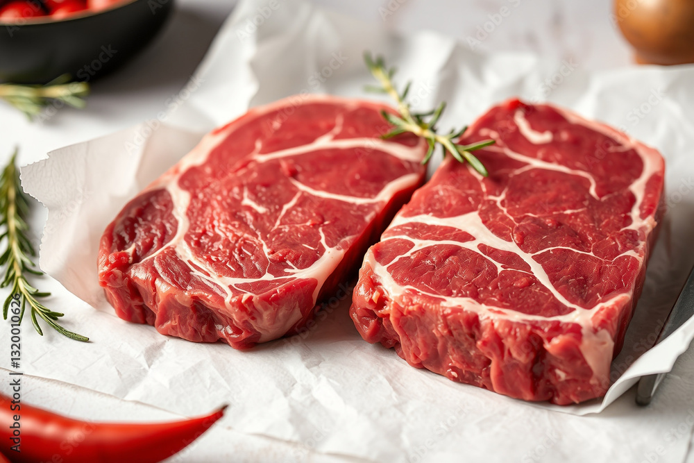 Fresh Marbled Ribeye Steaks on Parchment with Thyme Sprigs for Culinary Perfection Fresh Marbled Ribeye Steaks on Parchment with Thyme Sprigs for Culinary Perfection