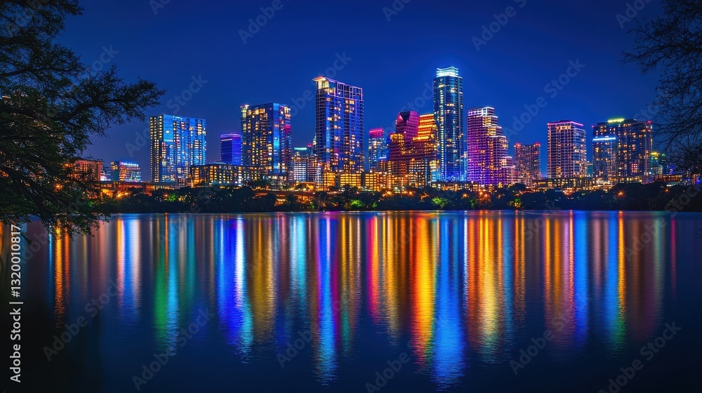Fototapeta premium Vibrant Nighttime Cityscape Reflection Over Calm Water in Austin, Texas with Colorful Lights and Modern Buildings