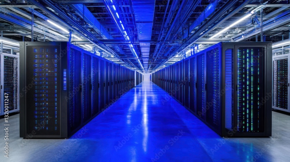 Fototapeta premium Illuminated Data Center: Rows of Servers in a Modern Data Center