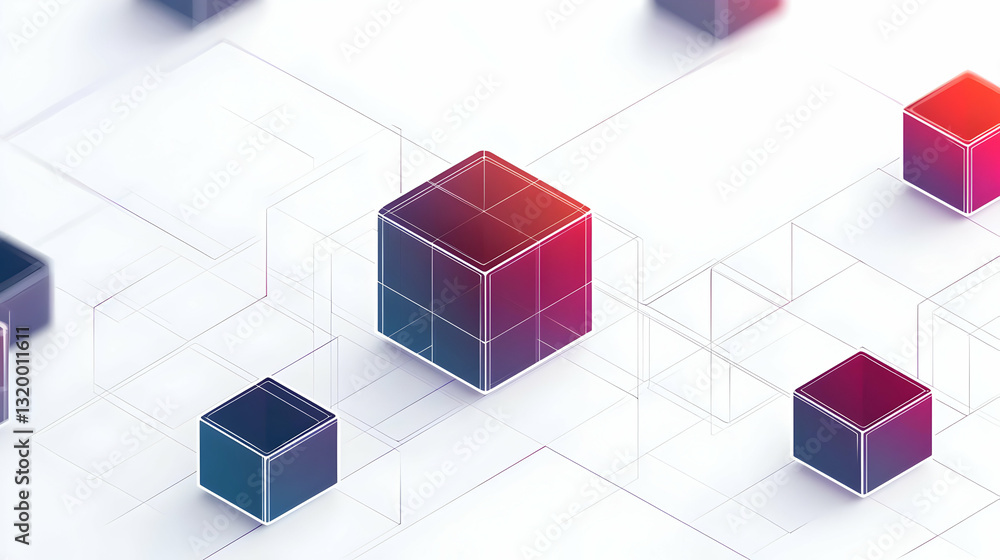 Fototapeta premium Isometric Cubes In Gradient Colors With Dotted Lines And White Background Showing Digital Network And Modern Geometric Design