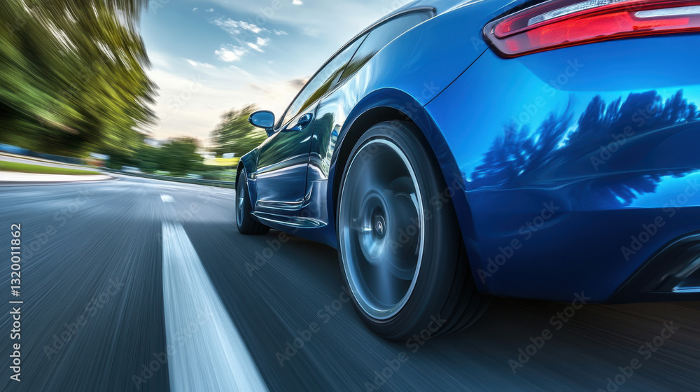 Fototapeta premium Dynamic Motion of a Blue Sports Car on a Scenic Road
