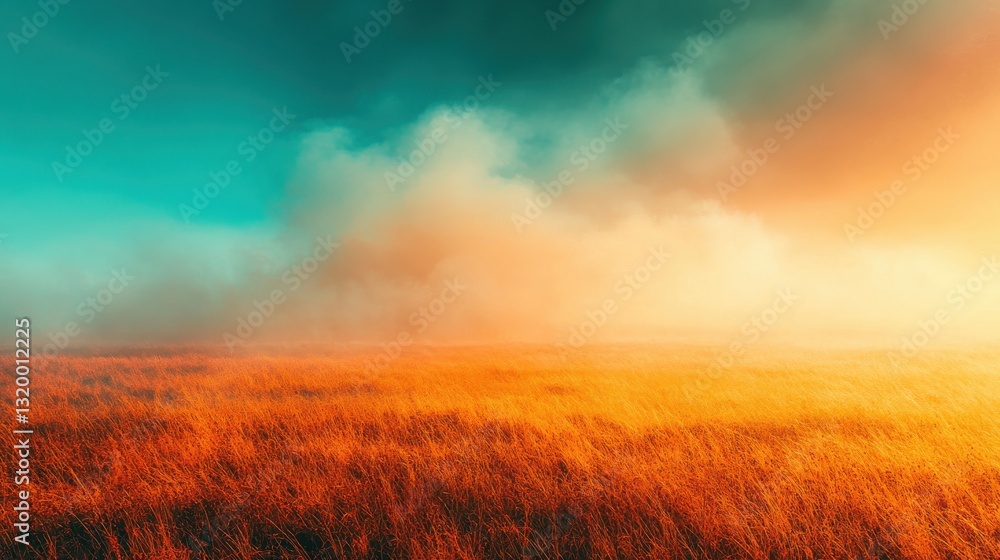 Obraz premium Serene Landscape with Lush Grass Fields Under Dramatic Sky and Colorful Sunrise Clouds