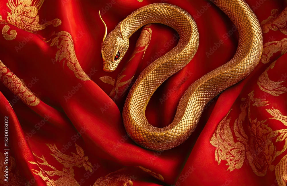 Fototapeta premium Vibrant Chinese New Year Greetings Featuring a Majestic Golden Snake on a Red Background Symbolizing Prosperity Fortune and Good Luck for the Celebratory Festivities and Traditions