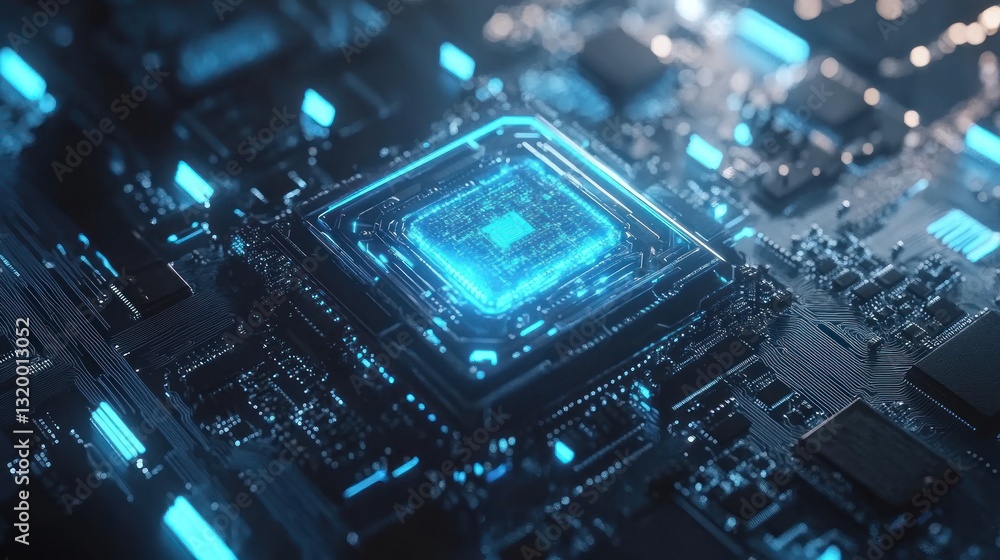 Fototapeta premium Futuristic Circuit Board: Glowing Blue Processor