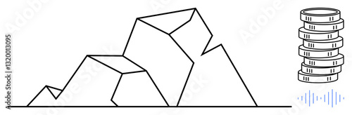 Geometric mountain blocks beside a coin stack and sound wave, representing financial gain, overcoming challenges, data analysis. Ideal for finance, growth, technology, data, challenges investment