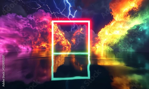 Abstract Landscape With Neon Frame Reflecting In Water Colorful Clouds And Lightning