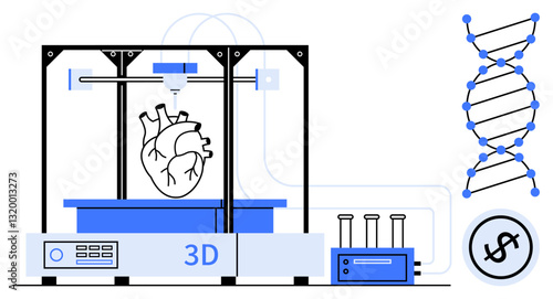 Advanced 3D bioprinter producing a human heart next to DNA strand and lab equipment illustrating innovation in biotech. Ideal for medical, research, technology, advancement, future, health, flat