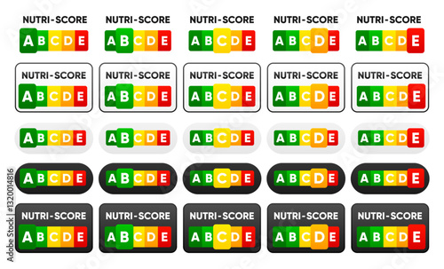 Nutri Score labels. 5 Colour Nutrition label. Sign health care for packaging. Vector illustration.