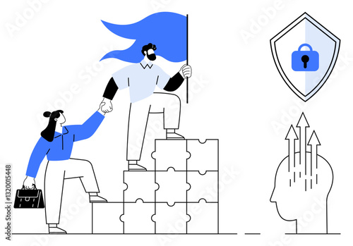 Two business professionals climb puzzle blocks, holding a flag, representing teamwork and leadership. Ideal for teamwork, leadership, problem-solving, security, growth, collaboration and innovation