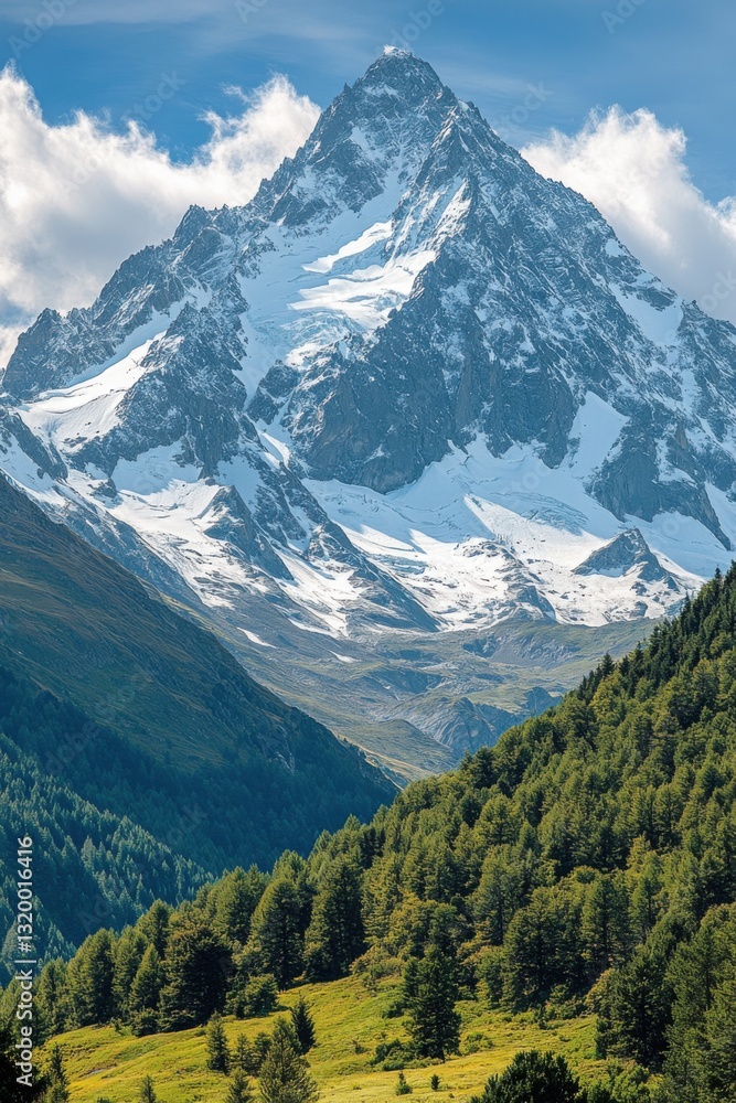 Fototapeta premium Tall mountain peak rises above green trees. Snow covers top. Blue sky and white clouds above mountain. Forest on hills. Sunny day.