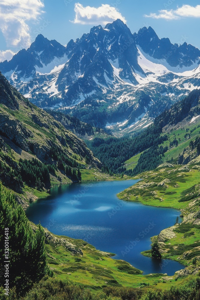 Naklejka premium Mountain Lake Scene. High peaks covered by snow. Green valley surrounding calm water. Serene landscape. Nature scenery. Peaceful blue lake. Summer background. Outdoor background.